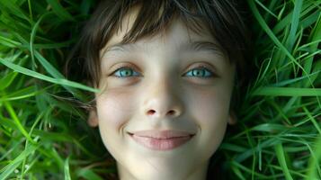 Young boy smiling while lying in green grass, close-up photo