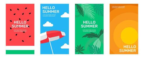 conjunto de mínimo verano antecedentes, social medios de comunicación cuentos diseño plantillas con espacio para texto, plano ilustración - vacaciones concepto para bandera, saludo tarjeta, póster y publicidad vector