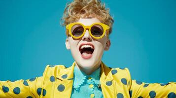 alegre joven mujer en amarillo polca punto chaqueta y Gafas de sol foto