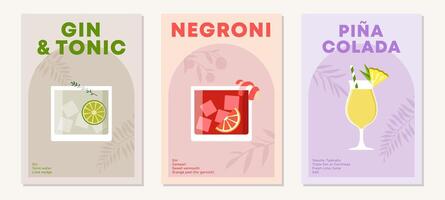 Set of posters with cocktails. Aperitif recipe. Alcoholic drinks in glasses for summer season. Gin Tonic, Negroni and Pina Colada. Flat illustration vector