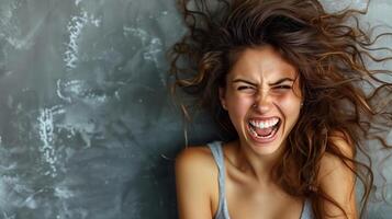 Young woman screaming with excitement against a blurred background photo