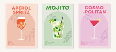 Set of posters with cocktails. Aperitif recipe. Alcoholic drinks in glasses for summer season. Mojito, Aperol Spritz and Cosmopolitan. Flat illustration vector