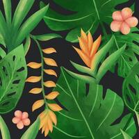 Watercolor flower and tropical leaves seamless pattern vector