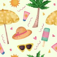 watercolor summer beach season with tropical leaves seamless pattern vector