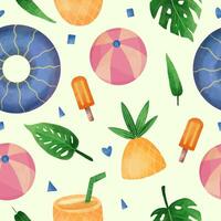 watercolor summer beach season with tropical leaves seamless pattern vector