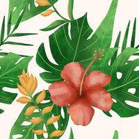 Watercolor flower and tropical leaves seamless pattern vector