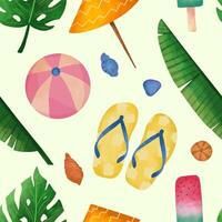 watercolor summer beach season with tropical leaves seamless pattern vector