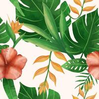 Watercolor flower and tropical leaves seamless pattern vector