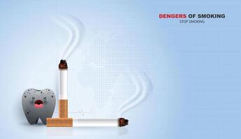 Teeth feel bad with smoke problem. dangers of smoking. cigarette burns out and kills the teeth. save your teeth effects dental health. design. vector