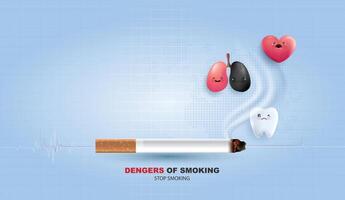 Teeth, lungs and heart feel bad with smoke problem. dangers of smoking. cigarette burns out and kills the teeth. save your teeth effects dental health. design. vector