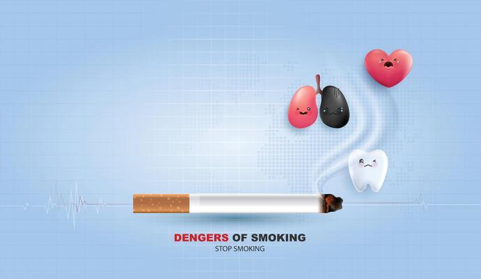 Teeth, lungs and heart feel bad with smoke problem. dangers of smoking. cigarette burns out and kills the teeth. save your teeth effects dental health. design.