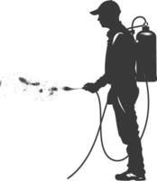 Silhouette Man using disinfectant machine in action black color only vector