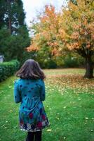 a girl in a dress with balloons is playing in the autumn garden photo