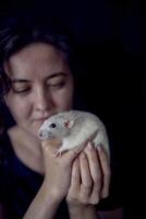 a husky dumbo rat cuddles with its owner photo