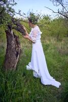 a beautiful woman in a white vintage dress with a train is stroking a tree damaged by a storm photo