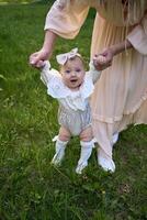 a baby girl walks holding her mother's hands in the park photo