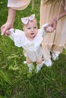 a baby girl walks holding her mother's hands in the park photo