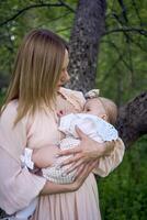 beautiful mother is breastfeeding her baby girl in the garden photo