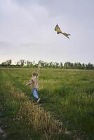 8 años niña moscas un cometa en un campo en un tormenta foto