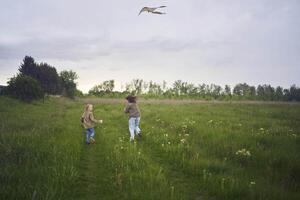 dos pequeño hermanas y madre correr y lanzamiento un cometa en un campo foto