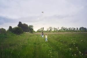 two little sisters and mother run and launch a kite in a field photo