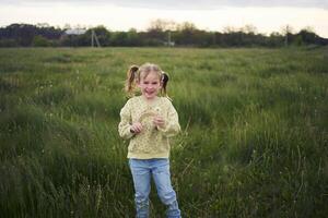 beautiful blonde sisters play with a dandelion in the field photo