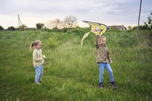 dos pequeño hermanas reparar y mosca un cometa en un campo foto