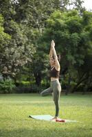 Beautiful Slender Woman Practicing Yoga On Tree Pose In Park photo