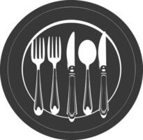 Silhouette Plate with cutlery black color only vector