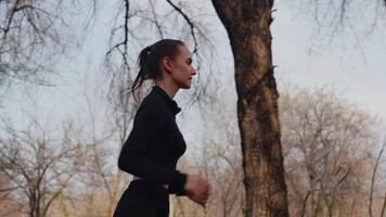 joven caucásico hembra atleta corriendo sin prisa en un callejón en un otoño ciudad parque, lado vista. concepto de moderno al aire libre Deportes formación en un casual urbano vida video