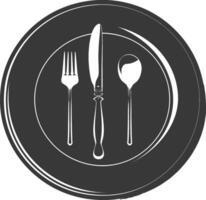 Silhouette Plate with cutlery black color only vector