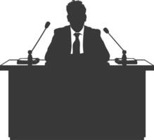 Silhouette news anchor man in action sit in front desk black color only vector