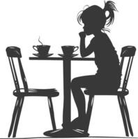 silueta pequeño niña sentado a un mesa en el café negro color solamente vector