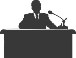 Silhouette news anchor man in action sit in front desk black color only vector