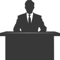 Silhouette news anchor man in action sit in front desk black color only vector