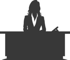 Silhouette news anchor women in action sit in front desk black color only vector