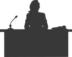 Silhouette news anchor women in action sit in front desk black color only vector