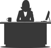 Silhouette news anchor women in action sit in front desk black color only vector