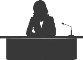 Silhouette news anchor women in action sit in front desk black color only vector