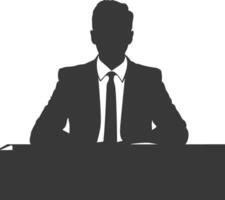 Silhouette news anchor man in action sit in front desk black color only vector
