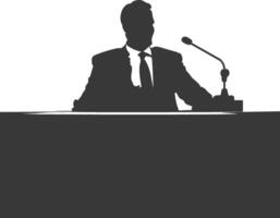 Silhouette news anchor man in action sit in front desk black color only vector