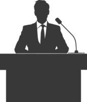 Silhouette news anchor man in action sit in front desk black color only vector