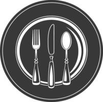 Silhouette Plate with cutlery black color only vector