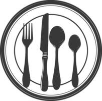 Silhouette Plate with cutlery black color only vector