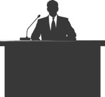 Silhouette news anchor man in action sit in front desk black color only vector