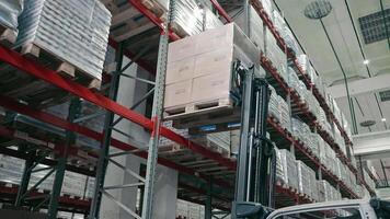 Forklift operating in a large warehouse with shelves, An image depicting a forklift in operation within a large warehouse filled with shelves and goods video