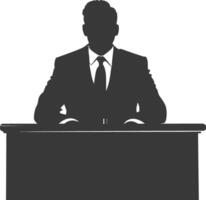 Silhouette news anchor man in action sit in front desk black color only vector