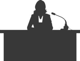 Silhouette news anchor women in action sit in front desk black color only vector