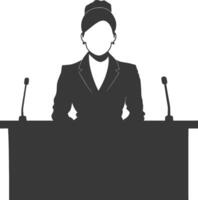 silueta Noticias ancla mujer en acción sentar en frente escritorio negro color solamente vector