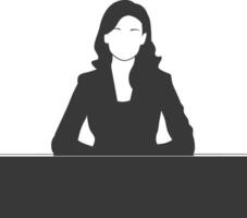 Silhouette news anchor women in action sit in front desk black color only vector